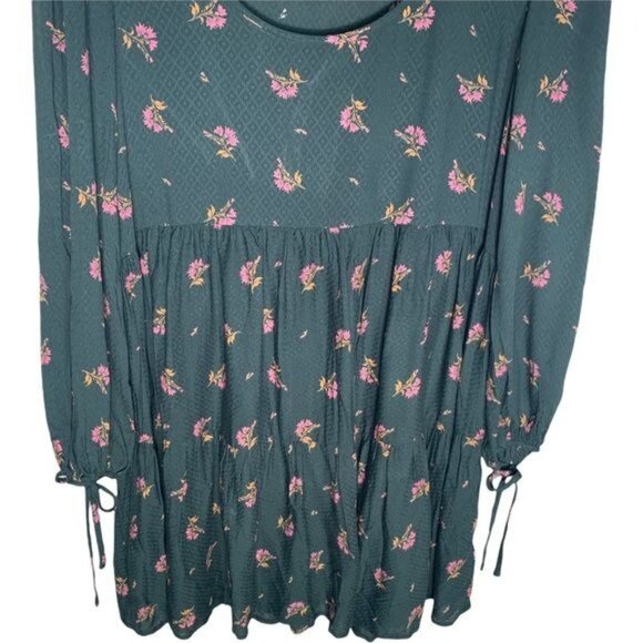 Urban Outfitters Green Floral Boho Tunic Top Long Sleeve Drawstring Size Small - Picture 3 of 10
